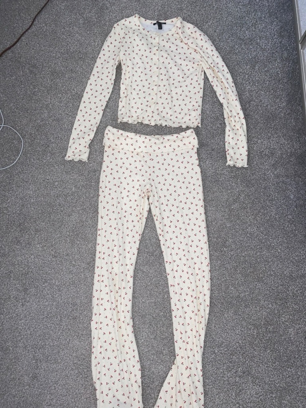 Forever 21 Cream Long-Sleeve Floral Pajama Set with Red Print